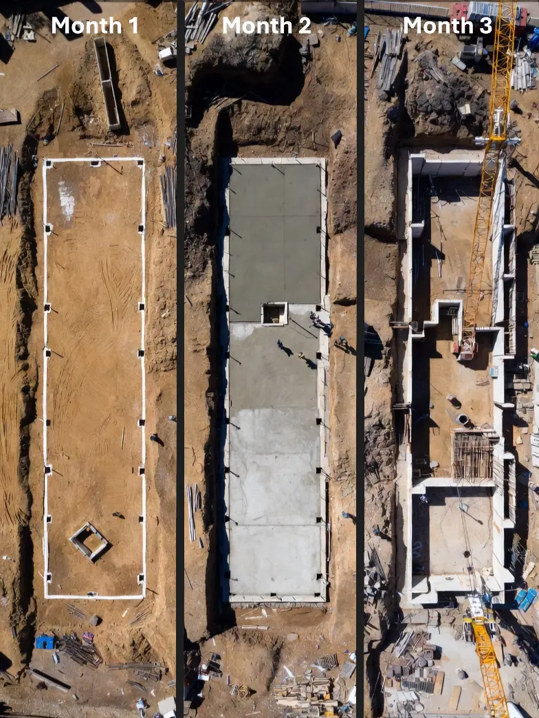 Aerial and ground-level capture of an active construction site